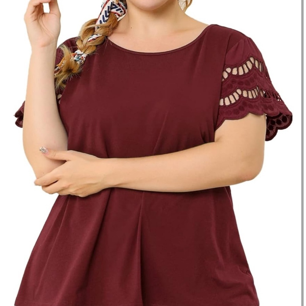 Women's Maroon embroidered Flutter Sleeve Blouse Plus size 2X - Picture 2 of 10